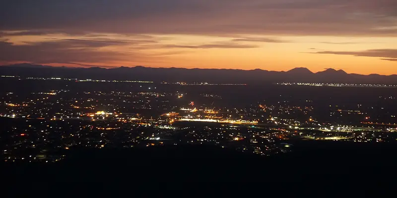 East El Paso at dusk, looking west across the city toward the Franklin Mountains.